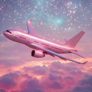 Pink airplane flying through a starry glittery sky