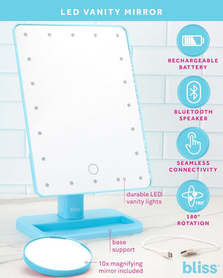 The LED Vanity Mirror from bliss, featuring a built-in speaker and hands-free calling, offers seamless connectivity, a rechargeable battery, and 180° rotation. This mirror is outlined with LED vanity lights and has a touch control button at the bottom center. It also includes a 10x magnifying mirror and comes with a USB charging cable.