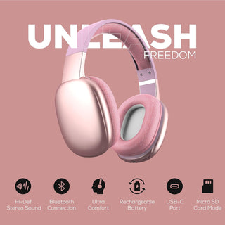 A pair of pink and gold "Vibe" Noise Reduction Wireless Headphones by Gabba Goods with the slogan "UNLEASH FREEDOM" above them. Icons below highlight features: Hi-Def Stereo Sound, Bluetooth Connectivity, Ultra Comfort, Rechargeable Battery, USB-C Port, and Micro SD Card Mode.