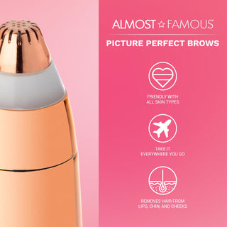 A close-up of the "Perfect Brows" Precision Brow Shaver with LED Light in rose gold and white on a pink background. The text reads "Almost Famous", "Picture Perfect Brows", and icons indicating it's friendly for all skin types, portable, and removes facial hair with painless precision.