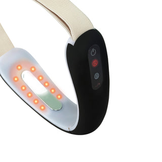 A close-up of the Sonic Therapy LED Chin Firming & Lifting Device by Infini, showcasing its black design with a beige strap, perfect for sculpted facial contours. The device features an LED display with buttons and illuminated nodes for heat therapy. The display includes a power button, mode indicator, and settings controls.