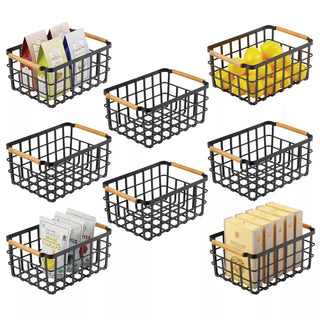 Flat Wire Basket with Wooden Handles (8-Pack) - Graphite