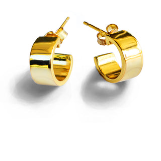 A pair of shiny gold Boss Chubby Mini Hoops Earrings by Sonia Hou Jewelry with post and butterfly clasps. The earrings have a smooth, polished surface and are displayed on a white background, where their shadows elegantly reflect the design's confident sophistication.