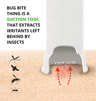 Image showing a white "Insect Bite Relief & Sting Tool (2-Pack)" by Bug Bite Thing being used on skin to extract irritants left by insects. Red arrows and the text "VENOM/SALIVA" indicate the extraction process. The left side has illustrations of mosquitoes and other insects.