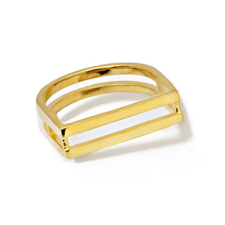 The CEO Double Bar Ring from Sonia Hou Jewelry is a rectangular gold ring with an open design, featuring a horizontal bar across an open rectangular shape on the top. This sleek and modern piece boasts clean lines and a minimalist aesthetic, making it the perfect ring for any CEO.