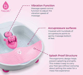 An image displays the Pursonic Foot Spa Massager with Tea Tree Oil Soak, highlighting its labeled features: a vibration function for an adjustable massage experience, acupressure surfaces for a gentle foot massage, and a splash-proof structure to prevent spills, ensuring a mess-free foot bath experience.