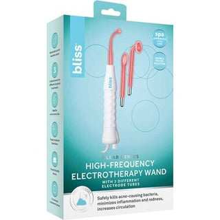 Image of a product box for the "bliss High Frequency Electrotherapy & Facial Wand (with Attachments Included)." The box is predominantly teal and white, featuring a photo of the facial wand along with three different electrode tubes. Text highlights its benefits: kills acne-causing bacteria, minimizes inflammation, and increases circulation. An effective acne treatment.