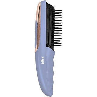 Introducing the Laser Restoring Comb with Red Light Therapy by bliss. This advanced cordless electric hairbrush features a blue ergonomic handle, black teeth, and a stylish bronze accent near the top, with the brand name "bliss" elegantly printed on the handle. It also offers red light therapy to promote hair growth.