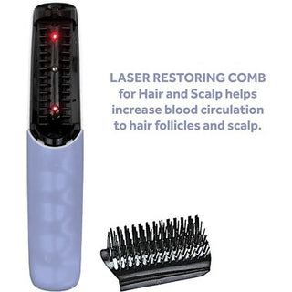 An image shows the bliss Laser Restoring Comb with Red Light Therapy, featuring two red laser lights. The caption reads, "bliss Laser Restoring Comb with Red Light Therapy helps increase blood circulation to hair follicles and scalp, promoting hair growth." Below the comb is a detachable brush attachment.