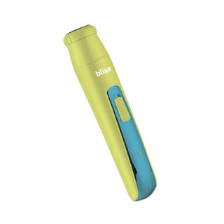 A sleek, cylindrical grooming device in light green, named "Portable Body Shaver & Precision Trimmer" by the brand bliss. This portable trimmer features a blue sliding switch and a narrow transparent compartment near the bottom, which possibly contains an indicator or light.