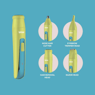 Image showing a green and blue Portable Body Shaver & Precision Trimmer by bliss, featuring four versatile attachments displayed around it. The heads include a nose hair cutter, an eyebrow trimmer, a hair removal head, and a razor head. This dermatologist-approved tool ensures premium grooming on the go.