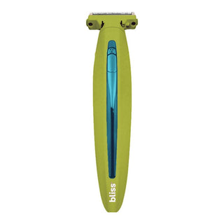 A 2in1 Body Shaver & Trimmer in green and blue, with the brand name "bliss" written in white on the bottom. The trimmer boasts a sleek handle design, a small cutting head at the top, and a hypoallergenic pivoting head for a flawless shave.