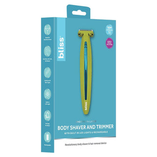 The 2in1 Body Shaver & Trimmer from bliss, featuring a blue and green design, is displayed in its packaging. It boasts a hypoallergenic pivoting head, built-in LED lights, a rechargeable battery, and is safe for all skin types. This device is especially suitable for sensitive areas, ensuring a flawless shave every time.