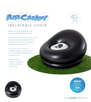 Promotional image for the Pool Candy 8-Ball Black & White Inflatable Chair. The chair, featuring a sleek black 8-ball design, boasts a 40-inch width, easy inflation, portability, a 250-pound capacity, and is waterproof. The image includes a smaller inset photo showing this portable and versatile chair in its deflated state.