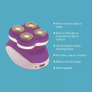 The bliss Electric Total Body Shaver (with Painless Precision Blades), a cordless and rechargeable device in purple and white, showcases four 18-karat gold-plated floating heads and an integrated LED light. Set against a blue background, its notable features include the elimination of the need for soap or water, protection against nicks or cuts, and compatibility with all skin types.