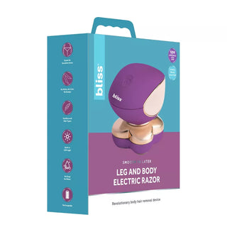 Image of product packaging for the "bliss Electric Total Body Shaver (with Painless Precision Blades)." The box is predominantly teal and purple, with an image of the cordless and rechargeable shaver on the front. The razor features four 18-karat gold-plated floating heads and a comfortable handle.