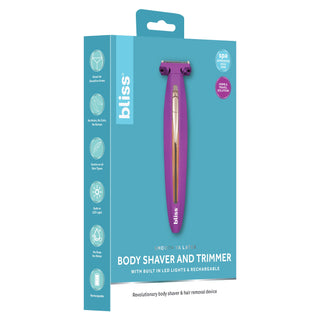 The blue and teal packaging of the bliss 2in1 Body Shaver & Trimmer highlights its impressive features, including built-in LED lights, a rechargeable design, and a hypoallergenic pivoting head for a flawless shave on sensitive areas. The trimmer is displayed in purple.