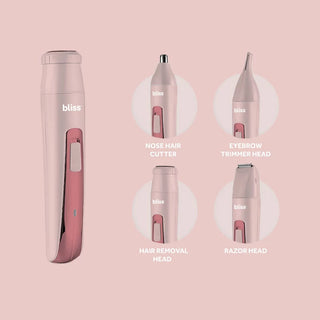 A multi-functional grooming device from bliss called the Portable Body Shaver & Precision Trimmer is shown with versatile attachments: a nose hair cutter, a dermatologist-approved eyebrow trimmer head, a hair removal head, and a razor head, all displayed against a pink background. Each attachment is pictured individually next to the portable trimmer.