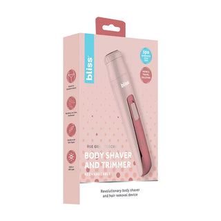 A pink and white box showcases the "bliss Portable Body Shaver & Precision Trimmer," advertised as rechargeable. Highlighting dermatologist-approved features, it's gentle on skin, safe, and easy to use. The box includes an image of the shaver with spa-quality promises and mentions versatile attachments for added convenience.