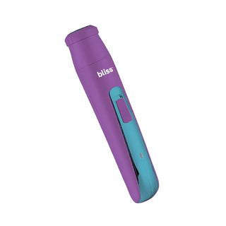 The "bliss" Portable Body Shaver & Precision Trimmer is a purple and teal electric grooming tool featuring the brand name "bliss" written in white. This sleek device has a prominent teal slider in the center for adjusting settings. It includes dermatologist-approved versatile attachments and boasts a top-notch trimming head, making it perfect for precision grooming on the go.