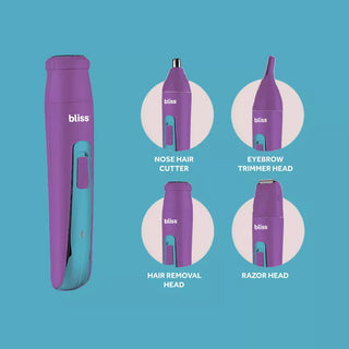 An image of a purple and teal bliss Portable Body Shaver & Precision Trimmer. The portable device includes four versatile attachments: a nose hair cutter, eyebrow trimmer head, hair removal head, and razor head, each displayed in circular insets around the main trimmer.