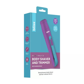 Image of a bliss Portable Body Shaver & Precision Trimmer packaged in a blue and purple box. The versatile hair removal device comes with multiple attachments and is rechargeable, all within dermatologist-approved packaging that proudly displays the tagline "Smooth Ya Later.