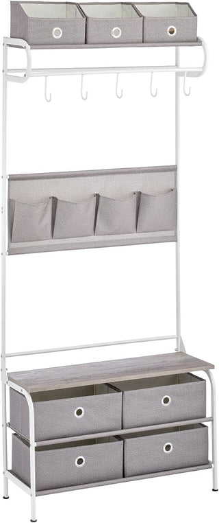 Coat Rack Bench with Drawers & Organizer Bins - White/Taupe