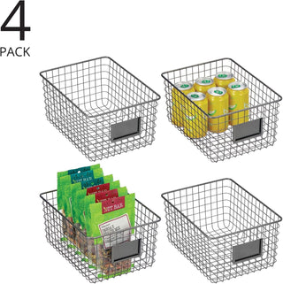 Square Steel Wired Storage Organizer Basket with Label Slot (4-Pack) - Graphite