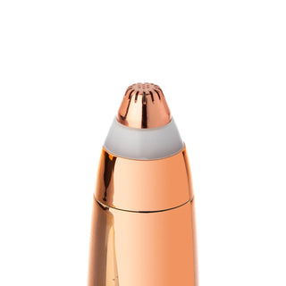 A close-up view of the Almost Famous "Perfect Brows" Precision Brow Shaver with LED Light, featuring a rose gold-colored design and a rounded tip for brow perfection. The device includes a white ring below the perforated tip and comes with a precision LED light, all set against a white background.