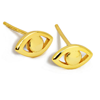 The Evil Eye Stud Earrings from Sonia Hou Jewelry are a pair of gold earrings designed in the shape of an eye, featuring a solid gold circle as the pupil in the center. Inspired by the evil eye symbol, these jewelry pieces have a sleek and polished finish.