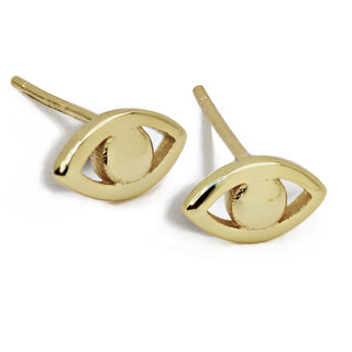 The Evil Eye Stud Earrings by Sonia Hou Jewelry are a pair of gold stud earrings crafted in the shape of stylized eyes, with each earring featuring a central circular element symbolizing the pupil, encased in an almond-shaped outline. These minimalist and polished earrings draw inspiration from cultural traditions.