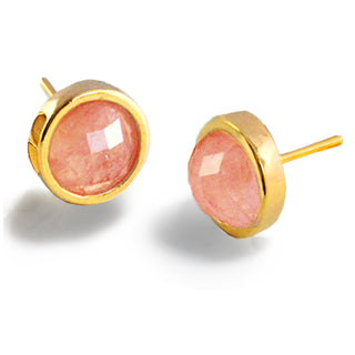 A pair of Fire Pink Coral Stud Earrings by Sonia Hou Jewelry, featuring round Pink Coral gemstones with a smooth, slightly faceted surface, set in gold. The gold setting has a sleek, polished finish and the earrings are secured with gold posts.