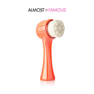 The "Cleanse It" 2in1 Exfoliator Brush (2-Pack) by Almost Famous is a dual-colored orange and white brush featuring soft bristles. The brand name, Almost Famous, is displayed at the top in black and pink text. This exfoliator brush boasts an ergonomically designed handle and a white bristle head, making it perfect for unclogging pores to achieve radiant skin.