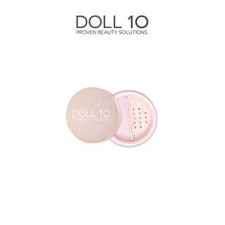 A round makeup container with a light pink lid, labeled "DOLL 10 BEAUTY." The lid is partially open, revealing a sectioned interior designed for dispensing Brightening Treatment Powder (with Vitamin C & Rose Quartz). The background is white.