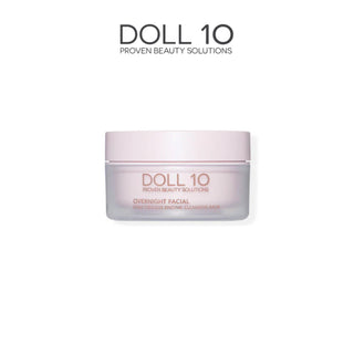 A jar of Doll 10 Beauty Overnight Facial Cleansing Balm, an enzyme cleansing balm that exfoliates and tones daily, is centered against a white background. The product label features the brand name "DOLL 10" in capital letters with "PROVEN BEAUTY SOLUTIONS" just below.