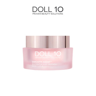 Image of a beauty product labeled "Doll 10 Beauty." This radiance-boosting treatment, the "Smooth Assist Restorative Sleep Treatment," comes in a 50 mL (1.6 fl. oz.) pink container with a silver lid. The brand name "Doll 10 Beauty" is prominently displayed at the top of the image.