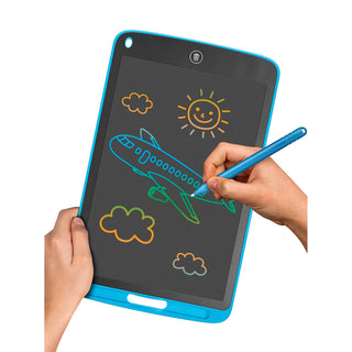 Hands hold an 8.5" Multicolor LCD Drawing & Doodling Pad by Gabba Goods with a stylus sketching a colorful image of an airplane flying among clouds, a sun, and a smiling face. The dark screen accentuates the bright, neon-like colors of the drawing, showcasing this electronic drawing pad as an excellent creative tool.

