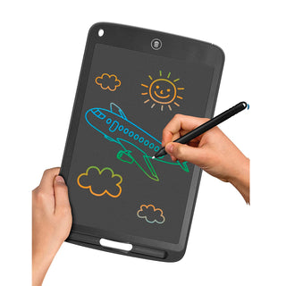 A person is drawing a colorful airplane with clouds and a sun on Gabba Goods' 8.5" Multicolor LCD Drawing & Doodling Pad. The electronic drawing pad is held with one hand, while the other uses a stylus to draw. The creative tool helps bring to life a blue and green airplane, orange clouds, and a yellow sun.