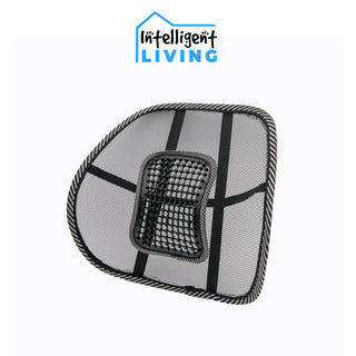 The Back Support Home Office Seat Cushion (with Massage Pegs) by Intelligent Living is a black mesh lumbar support designed for back support chairs, featuring a beaded cushion in the center to provide optimal comfort. It includes the Intelligent Living logo at the top, with blue text and a house icon.