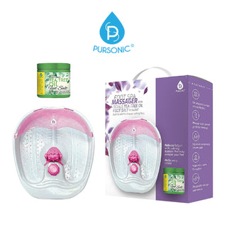 Image showcasing the Pursonic Foot Spa Massager with Tea Tree Oil Soak. The set includes a pink and white foot spa massager paired with a jar of tea tree oil foot salt, all elegantly packaged. The detailed packaging highlights its features, with the Pursonic logo prominently displayed at the top.