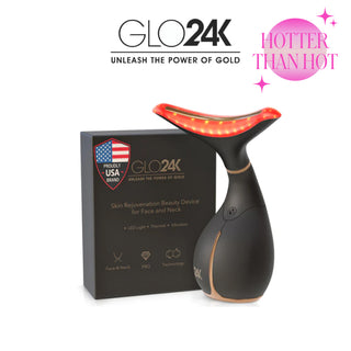 An image of the GLO24K Skin Rejuvenation LED Beauty Device (for Face & Neck), which incorporates LED Light Therapy, thermal, and vibration technologies. The device features a sleek black design with gold accents and displays a red LED light at the top. It is packaged in an elegant black box that emphasizes its age-defying benefits and proudly showcases a USA brand emblem.