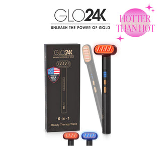 Image shows a box and a 6-in-1 Facial Therapy Wand from GLO24K, featuring the tagline "Unleash the Power of Gold" and "Hotter than Hot." The wand employs Dual LED Light Therapy in red and blue for diverse skincare treatments, along with Micro-Current Technologies. The box also highlights a USA flag icon and includes a product description.