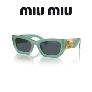 Green cat-eye Ivy Opal Sunglasses by Miu Miu with dark lenses and the "MIU MIU" brand name in gold lettering on the temples, positioned on a reflective surface. The "MIU MIU" logo is prominently displayed above, making a chic fashion statement.