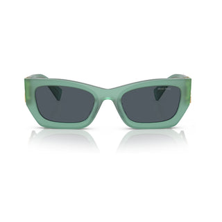 A pair of Ivy Opal Sunglasses by Miu Miu, featuring green rectangular frames and dark lenses, is displayed against a plain white background. The brand name "Miu Miu" is subtly visible on one side of the lens, making them a chic style fashion statement.