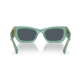 A pair of glossy green Miu Miu Ivy Opal Sunglasses with dark lenses, showcased from the front. The rectangular frames feature small gold accents near the hinges, enhancing their chic design. Set against a white background with a subtle reflection below, these sunglasses make a striking fashion statement.
