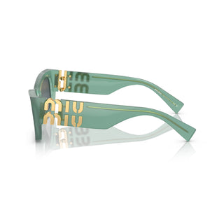 A pair of Ivy Opal Sunglasses in mint green from Miu Miu features thick arms adorned with the brand name "Miu Miu" prominently displayed in gold near the temples. These sunglasses have a slightly curved, modern design that makes them a chic fashion statement.