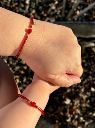 Mommy & Me - Genuine Gemstone Bracelet with Gold Accents (Red)