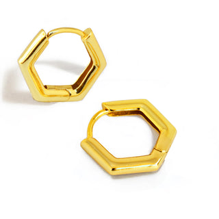 Introducing the Innovate Hexagon Mini Hoop Earrings by Sonia Hou Jewelry, a pair of gold geometric hexagon earrings featuring a sleek, modern design with a hinged closure for easy wear. These mini hoop huggie earrings showcase a polished finish, giving them a shiny and elegant appearance against a white background.