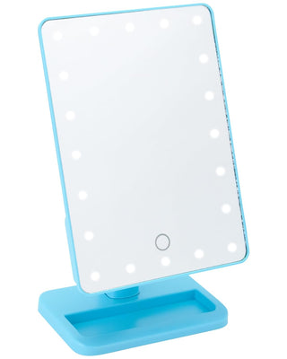 Introducing the bliss LED Vanity Mirror (with Built-In Speaker & Hands-Free Calling): a vertical, rectangular mirror in a light blue frame with a matching base. It features small, illuminated white lights, a central touch-sensitive button at the bottom of the reflective surface, and an integrated Bluetooth speaker for hands-free calling.