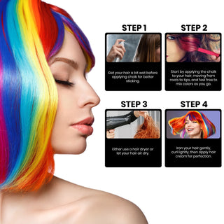 A profile of a woman with vibrant rainbow-colored hair achieved using the Amoré Paris Temporary Hair Chalk Set (24-Pack). Beside her are four steps for easy application: Step 1: Wet hair slightly. Step 2: Apply chalk. Step 3: Let air dry or use a dryer. Step 4: Gently curl or iron for vibrant colors that pop.